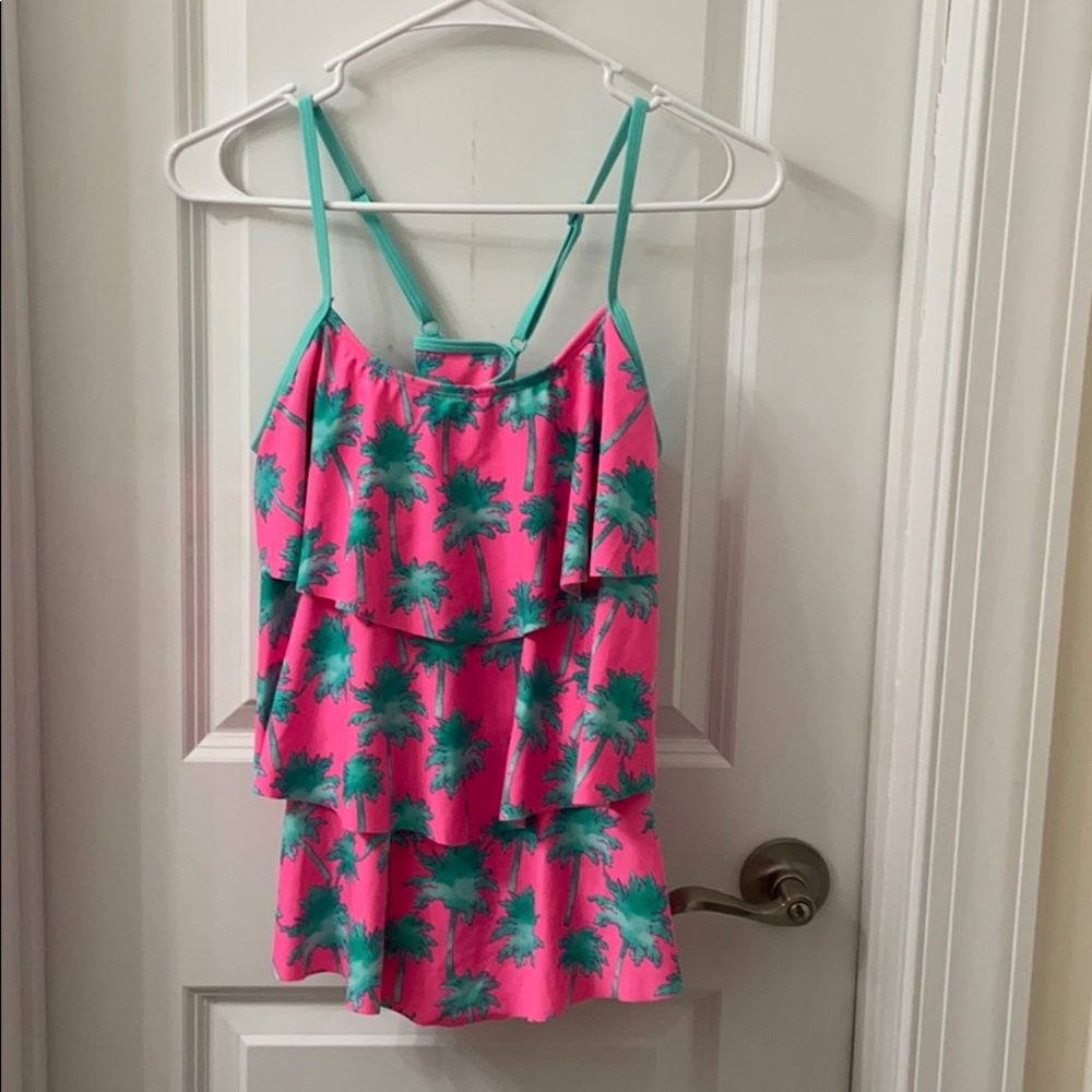 pink and blue palm tree tankini set